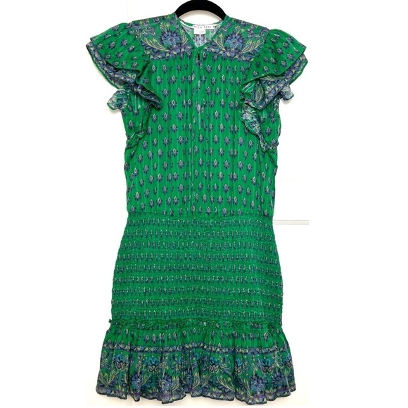 VERONICA BEARD Floral Paisley Smocked Flutter Short Sleeve Ruffled Mini Dress 8 - Picture 7 of 13
